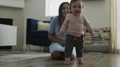 Slow motion of mother watching baby daughter taking first steps / Bluffdale,