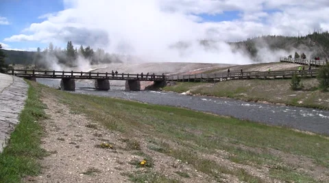 141218b bridge at primastic pool in yellowstone Stock Footage 45209589