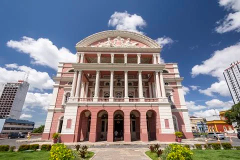 View to pink historic Teatro Amazonas building in central Manaus xkwx am, Amazonas, Amazonas Theater, Architecture, BR, Blue Sky, Brasil, Brazil, Capital, Capital City, Clouds, Ecotourism, Landscape, Manaus, Scenario, Scenic, South America, Teatro Amazonas, Tourism, Travel, Landmark, Sky, Building, Daytime, City, Cloud, Classical architecture, House, Urban area