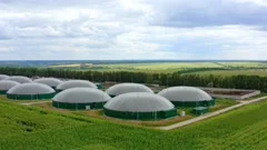 Large reservoirs for biomass. Biogas plant among ecological environment. 