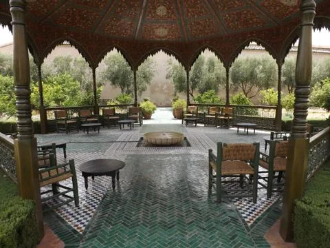 Pagoda In Le Jardin Secret Marrakech xkwx Morocco, Marrakesh, travel, tourism, nature, Africa, North Africa, garden, secret garden, historic, palace, Arabic, decorated, geometric, Medina, market, plants, wildlife, pagoda, sun, mosaic, tiles, furniture, design