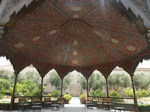 Mosaic Domed Roof Of Pagoda In Le Jardin Secret Marrakech xkwx Morocco, Marrakesh, travel, tourism, nature, Africa, North Africa, garden, secret garden, historic, palace, Arabic, decorated, geometric, Medina, market, plants, wildlife, pagoda, sun, mosaic, tiles