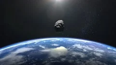 An asteroid flies close to the Earth. Asteroid appears in the frame, rotates and