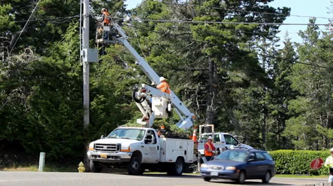 1440 Electric Crew working on Power Lines Stock Footage 39914639