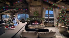 Christmas interior. Fireplace, glowing Christmas tree. Cozy room. 4K, ProRes 422