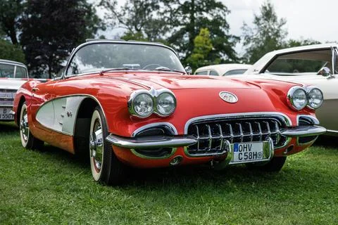 DIEDERSDORF,  GERMANY  -  AUGUST  30,  2020:  The  sports  car  Chevrolet  Corvette  (C1),  1958.  The  exhibition  of  "US  Car  Classics". xkwx style,  design,  nostalgia,  classic,  ancient,  antique,  auto,  automobile,  automotive,  car,  2-door,  sports  car,  Chevrolet,  Corvette,  C1,  iconic,  Vette,  convertible,  cabriolet,  cabrio,  germany,  model,  old,  oldtimer,  retro,  shine,  transport,  vehicle,  vintage,  Diedersdorf,  US,  USA,  America,  American,  front