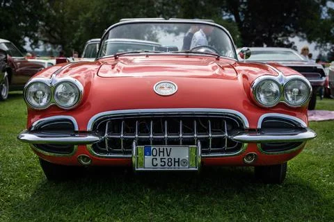 DIEDERSDORF,  GERMANY  -  AUGUST  30,  2020:  The  sports  car  Chevrolet  Corvette  (C1),  1958.  The  exhibition  of  "US  Car  Classics". xkwx style,  design,  nostalgia,  classic,  ancient,  antique,  auto,  automobile,  automotive,  car,  2-door,  sports  car,  Chevrolet,  Corvette,  C1,  iconic,  Vette,  convertible,  cabriolet,  cabrio,  germany,  model,  old,  oldtimer,  retro,  shine,  transport,  vehicle,  vintage,  Diedersdorf,  US,  USA,  America,  American,  front