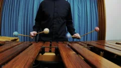 A male percussionist is playing the marimba wearing a black shirt. Sliding