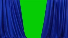 A realistic blue fabric curtain with pleats opens on a green screen.