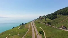 Aerail footage of the higway across the Lavaux vineyard, Vaud, Switzerland
