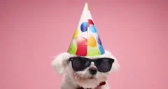 cool adorable bichon dog wearing birthday hat, sunglasses and red bowtie,