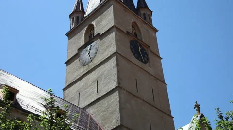 14th century Lutheran Cathedral clock tower, Gothic style, tilt up Stock Footage 40558093