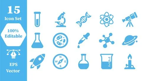 15 blue icons set featuring scientific research and space exploration, resear Stock Illustration
