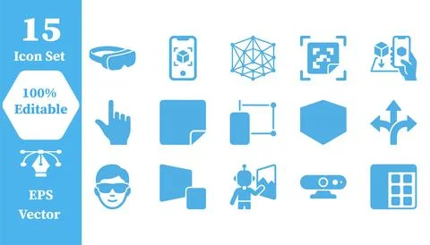 15 blue technology and augmented reality interface icons with technology Stock Illustration
