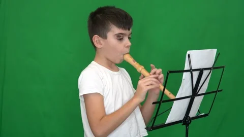 15 brunette boy in a white jacket plays the recorder, music stand, notes Stock Footage 266450706