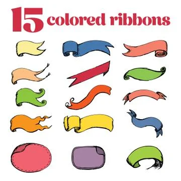 15 colored ribbons, hand drawing Stock Illustration