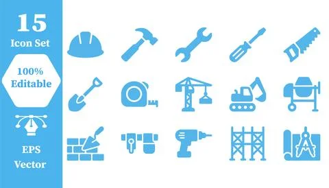 15 construction and renovation tool icons with construction, renovation Ilustración de archivo