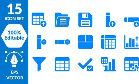 15 Editable Blue EPS Vector Icons for Data and Business Stock Illustration