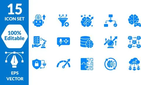15 Editable EPS Vector Icons for Technology and AI Concepts 스톡 일러스트