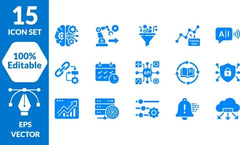 15 Editable EPS Vector Icons for Technology and Business Concepts イラスト素材