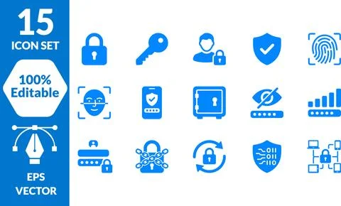 15 Editable Security and Technology Icons Set, EPS Vector Stock Illustration