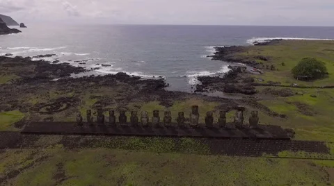 15 Moai and Sleeping Moai at Ahu Tongariki, Easter Island, Chile Stock Footage 62853582