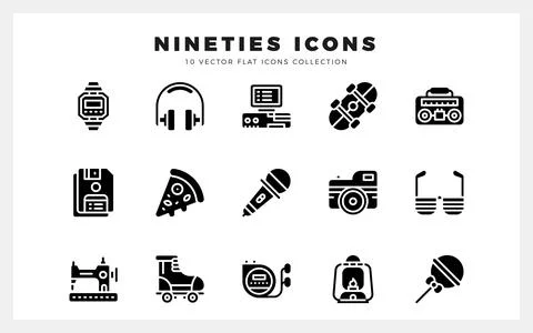 15 Nineties Glyph icons pack. vector illustration. Stock Illustration