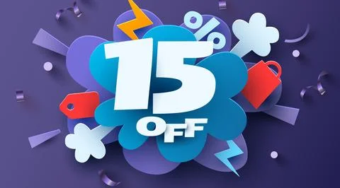 15 percent Off. Discount creative composition. Mega Sale. Stock Illustration