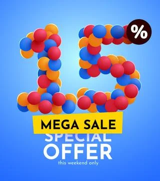 15 percent Off. Discount creative composition. Mega Sale. Stock Illustration