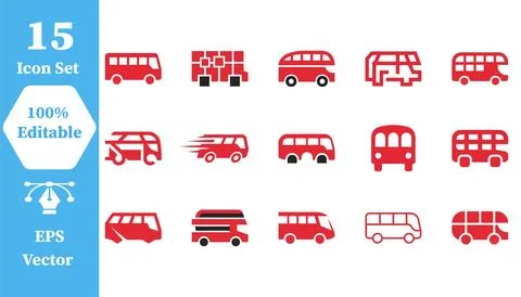 15 red public transportation bus icon set for urban commuter travel Stock Illustration
