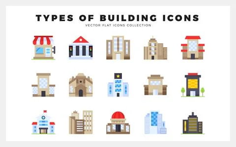15 Types of Building Flat icon pack. vector illustration. Ilustración de archivo