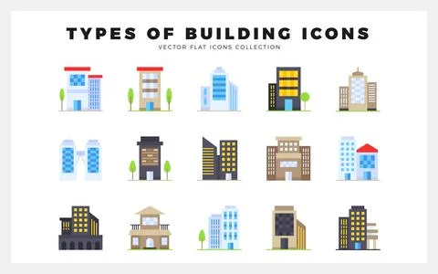 15 Types of Building Flat icon pack. vector illustration. Ilustración de archivo