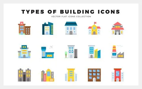 15 Types Of Building Flat icons pack. vector illustration. Ilustración de archivo