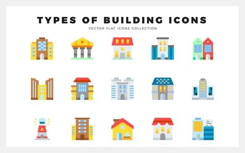 15 Types Of Building Flat icons pack. vector illustration. Ilustración de archivo