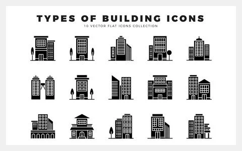 15 Types of Building Glyph icon pack. vector illustration. Ilustración de archivo