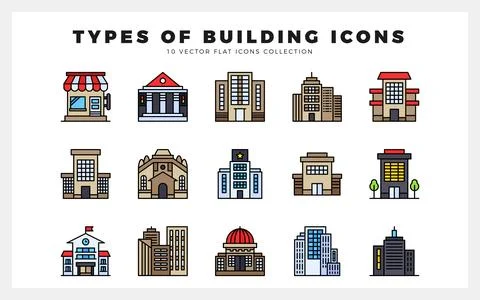 15 Types of Building Lineal Color icon pack. vector illustration. Ilustración de archivo