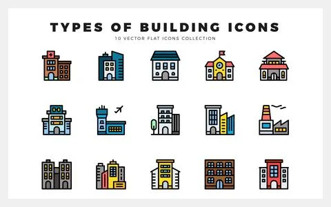 15 Types Of Building Lineal Color icons pack. vector illustration. Ilustración de archivo