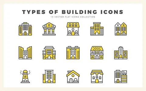 15 Types Of Building Two Color icons pack. vector illustration. Ilustración de archivo