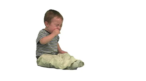 1.5 year old crying. Day clothes. White background. Sitting Stock Footage 49864410