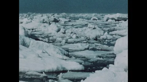 1500s: Map of Hudson Bay. Ice floes and water of Canadian Arctic. Open boat Video stock 303598730