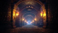 Scary endless medieval catacombs with torches. Mystical nightmare concept. The