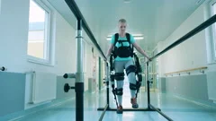Female patient is wearing exoskeleton while walking practice