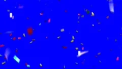 Multicolor Confetti Falling On Blue Matte Screen Background 4K Animation.