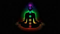 Human Covered with Colourful Aura in Meditation and Glowing Chakras Concept