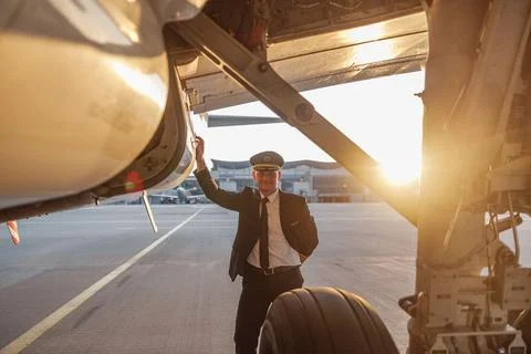 Professional male pilot in uniform and hat looking at camera, leaning on a big passenger airplane ready for departure in airport at sunset. Aircraft, occupation, transportation concept xkwx business, person, man, aerodrome, aeroplane, air, aircraft, airliner, airplane, airport, aviation, aviator, boarding, confident, corporate, crew, departure, elite, engineer, executive, expertise, flight, fly, flying, landing, jet, journey, lifestyle, lean on, looking, portrait, occupation, people, pilot, plane, standing, civil, professional, success, terminal, transport, transportation, travel, traveling, uniform, vehicle, horizontal