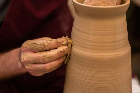 Crop unrecognizable sculptor with equipment giving shape while sculpting with brown clay on throwing wheel xkwx man, shape, clay, sculpt, equipment, process, motion, jug, ceramic, skill, male, sculptor, workshop, art, artist, handicraft, earthenware, ceramist, craft, create, dirty, form, hobby, handmade, maker, master, molding, occupation, pottery, utensil, wet, wheel, professional, work, artisan, throw, small business, talent, workplace, crop, unrecognizable, faceless, anonymous, horizontal, body part, blur, indoors