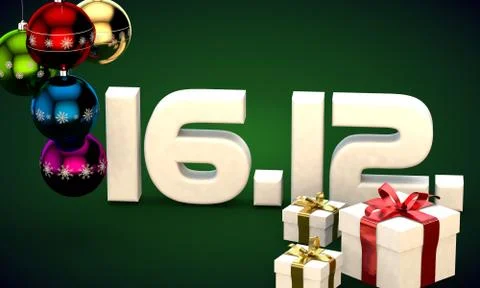 16 12 date calendar gift box christmas tree balls 3d illustration Stock Illustration