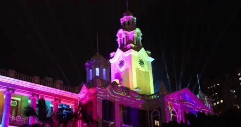 16 3 2022 digital light and laser shows in Main building of university of Hon Stock Footage 172012528