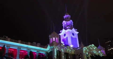 16 3 2022 digital light and laser shows in Main building of university of Hon Stock Footage 172012594