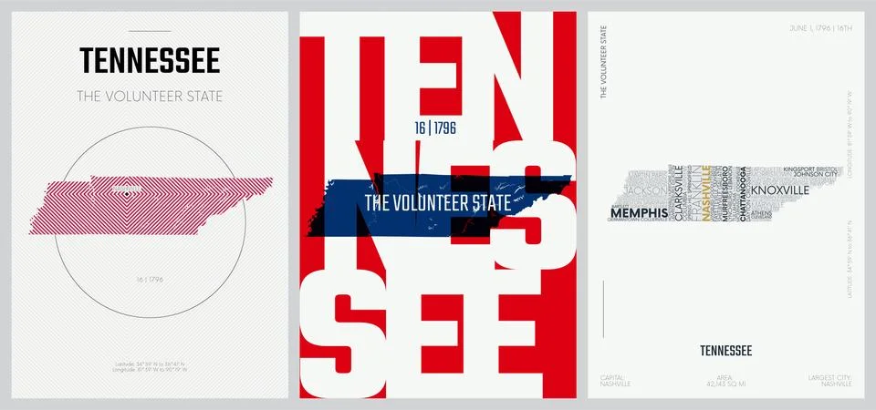 16 of 50 sets, US State Posters with name and Information in 3 Design Styles, Stock-Illustration